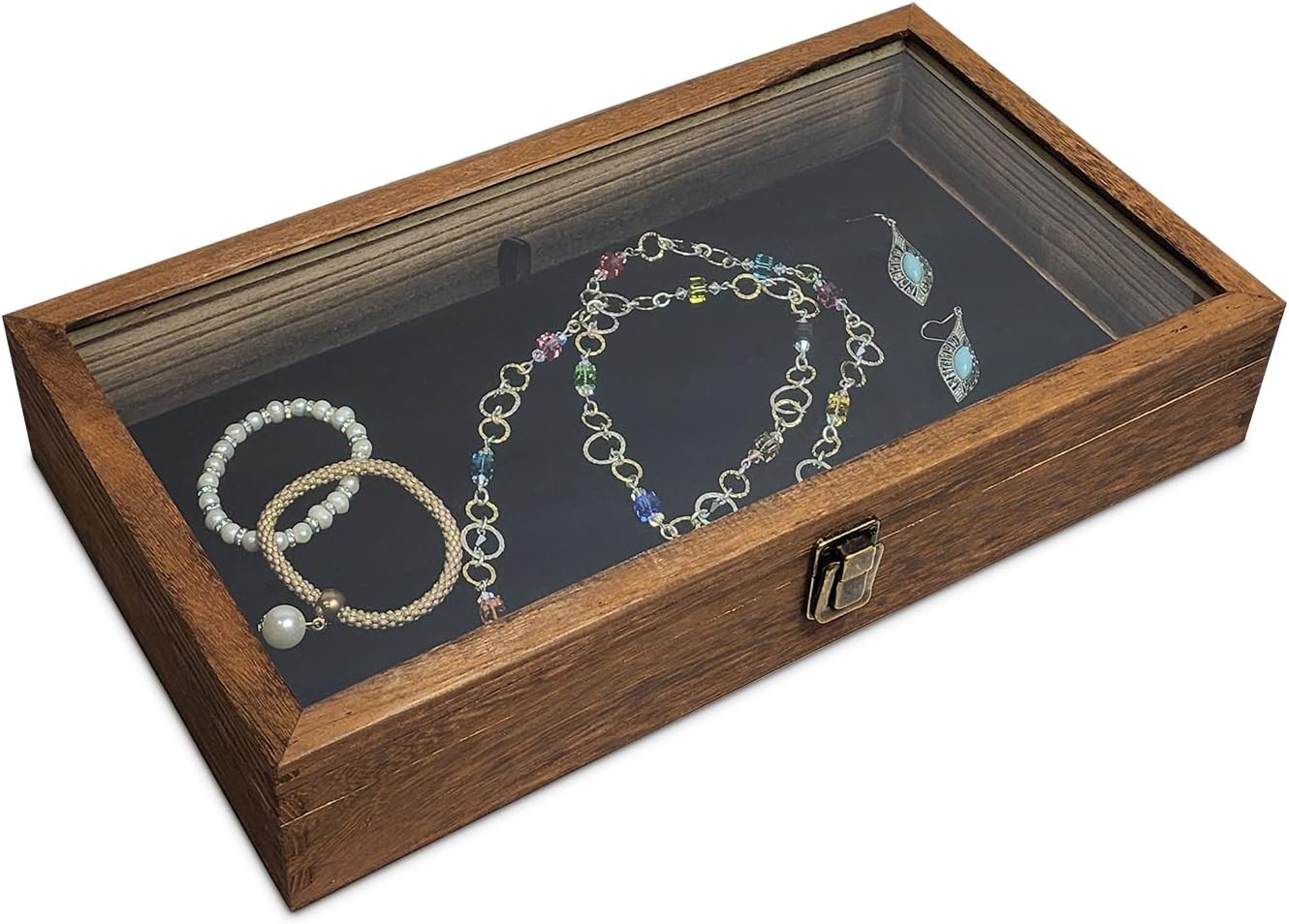 Gun Display Case Brown Wood Handgun Pistol Revolver Glass Lock Knife Shadow Box