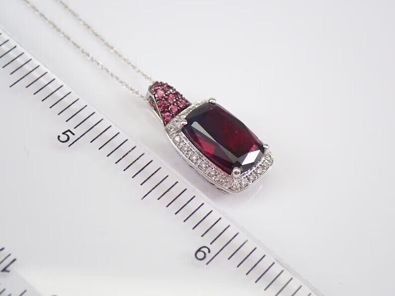 Pretty 2Ct Cushion Cut Simulated Red Garnet Halo Pendant 14K White Gold Plated
