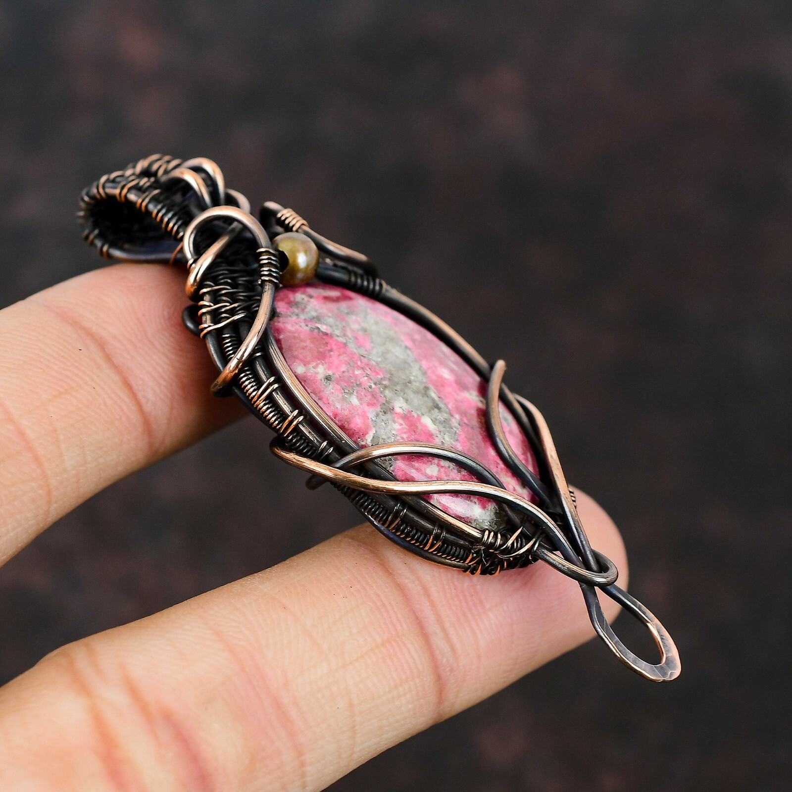 Thulite Gemstone Handmade Jewelry Copper Wire Wrapped Pendant For Girls 2.91″