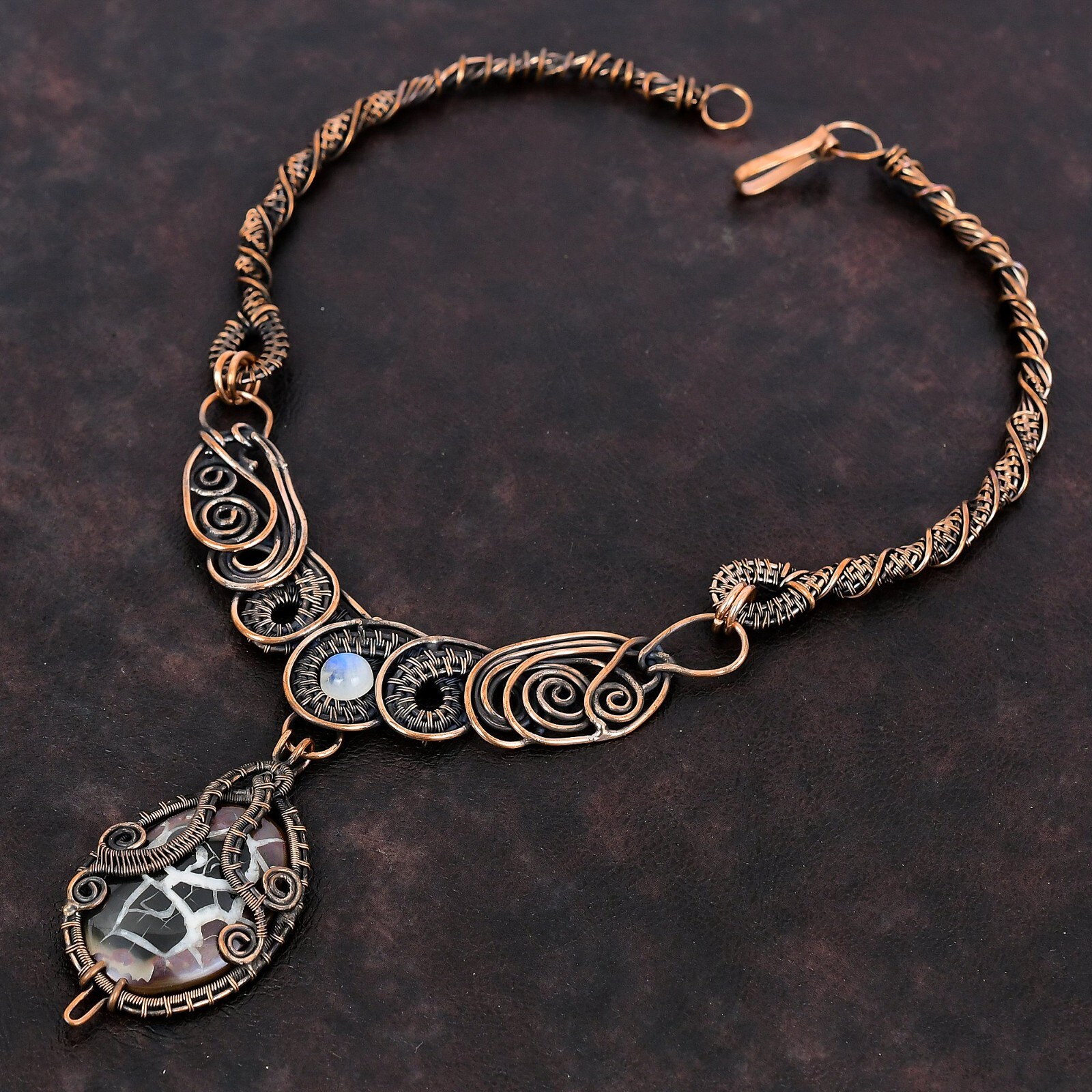 Gift For Her Moroccan Mud Crack Fossil Wire Wrapped Chain Necklace Copper 18.0″