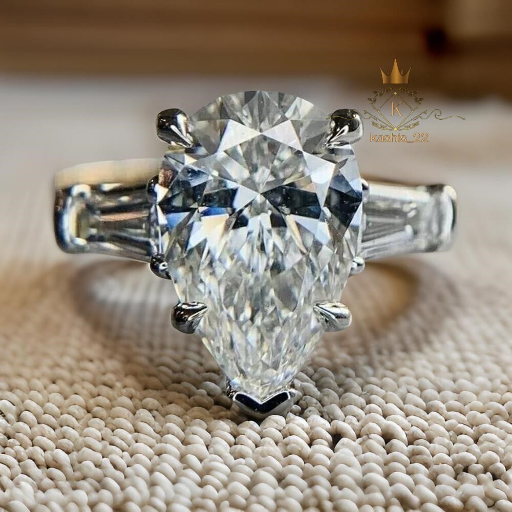 Moissanite Solitaire Engagement Ring Pear Cut 3.50 CT Solid 14K Yellow Gold VVS1