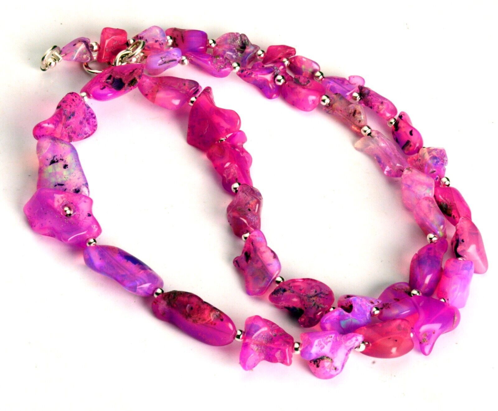 Natural Rainbow Fire Pink Opal Gem 7 to 13 mm Rough Nugget Beads 17.5″ Necklace