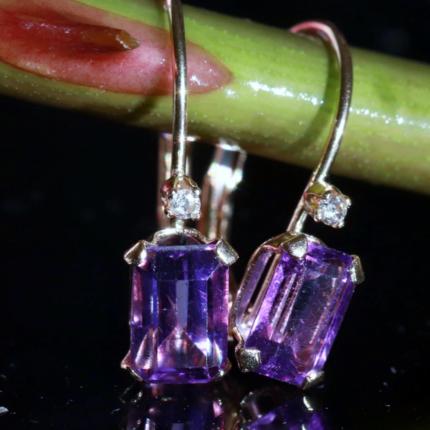 14k yellow gold earrings 0.82ct amethyst diamond 0.61″ dangle 0.91gr N3685