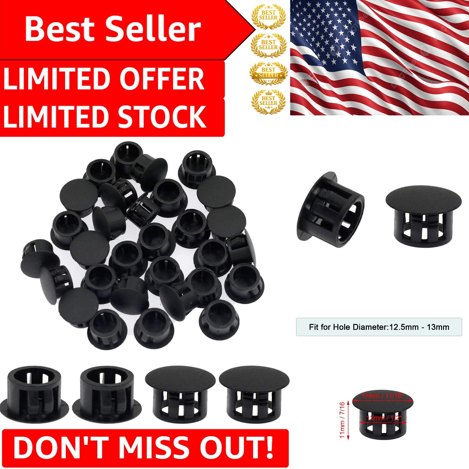 Efficient 30PCS Flush Black Hole Plugs – 13mm Snap-in Solutions for Furniture