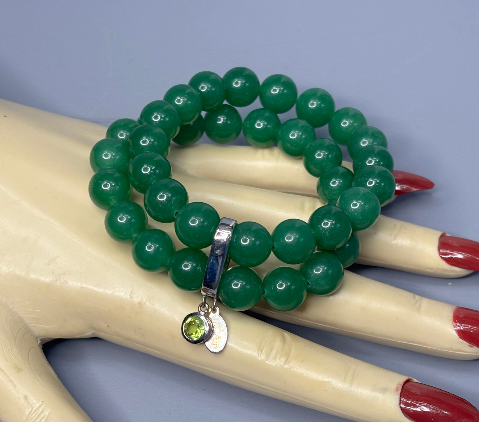 Sterling Silver .925 Aventurine Stone Dual Beaded Stretch Bracelet-Heavy-54g