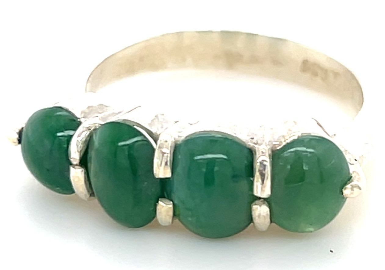 Type A Imperial Green Jadeite 4-Stone Ring 925 Silver Sz7.5