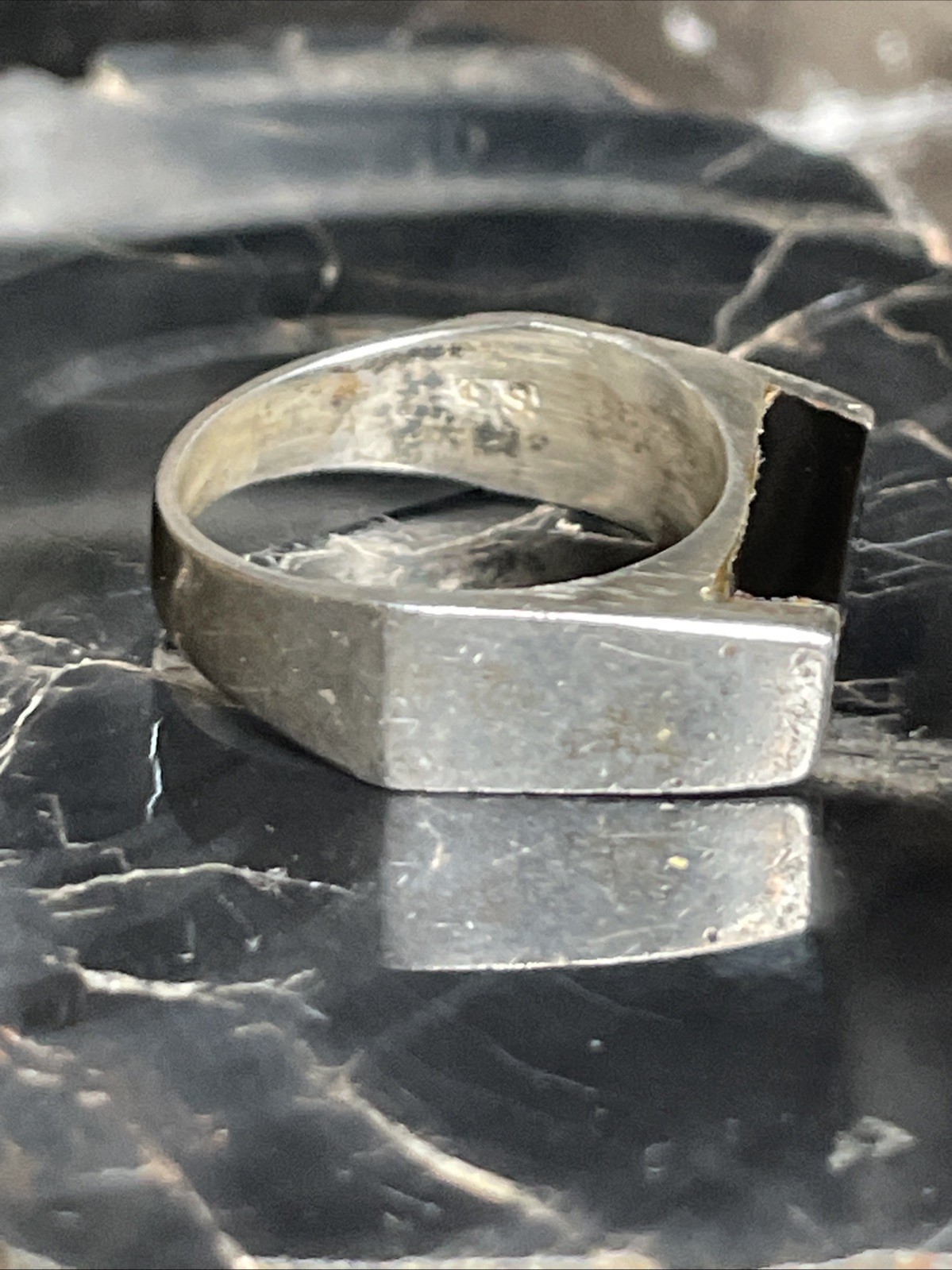 Vintage Sterling Silver Black Onyx Inlay Flat Top Ring Size 5.25