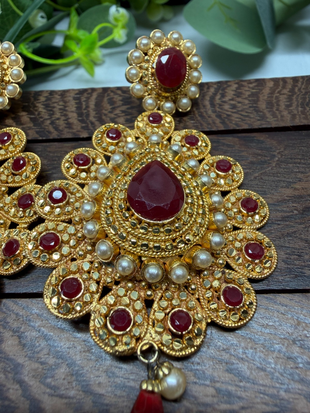 Heavy Ethnic Indian Style Gold & Red Tone Crystal Dangle Earrings – Occasion 40g