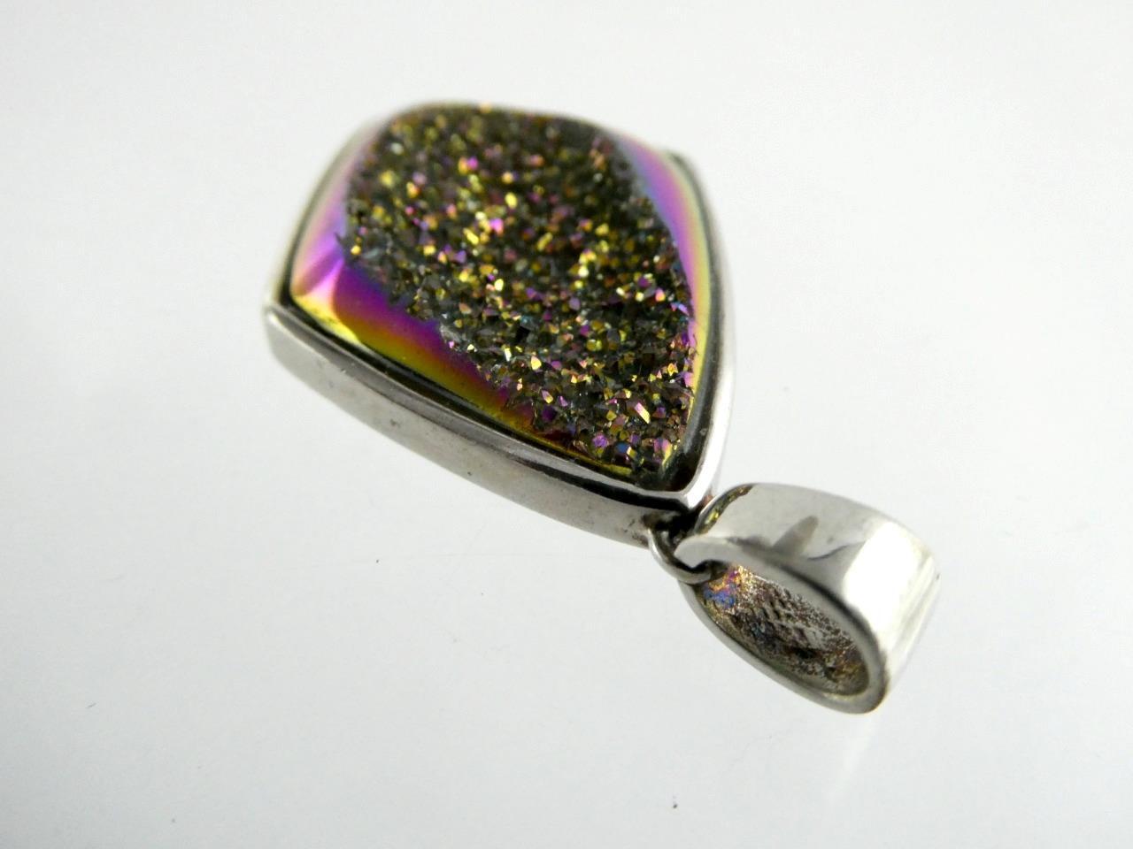 JH Sterling Silver Druzy Aura Quartz Pendant 925 1.5 Inch Length 8.8 Grams