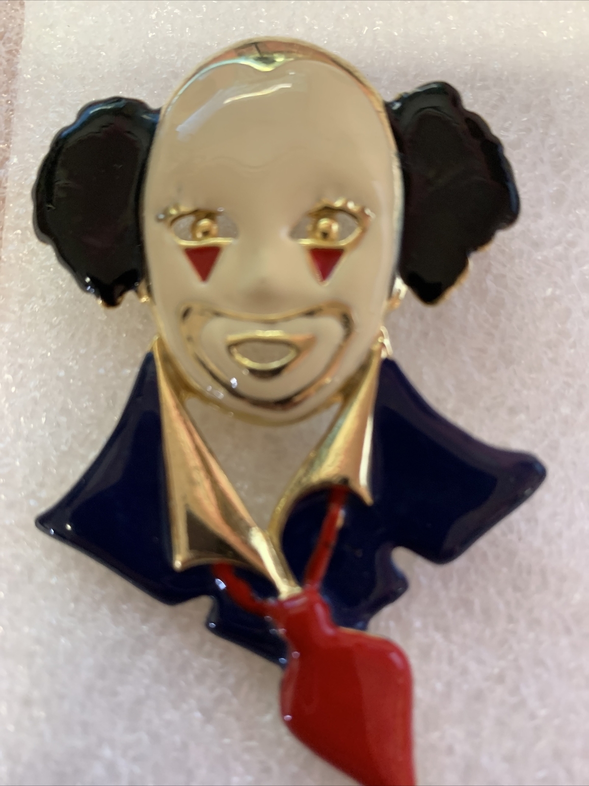 Clown with Black Hair Blue Top Red Tie Gold Toned Collector Lapel Pin Brooch