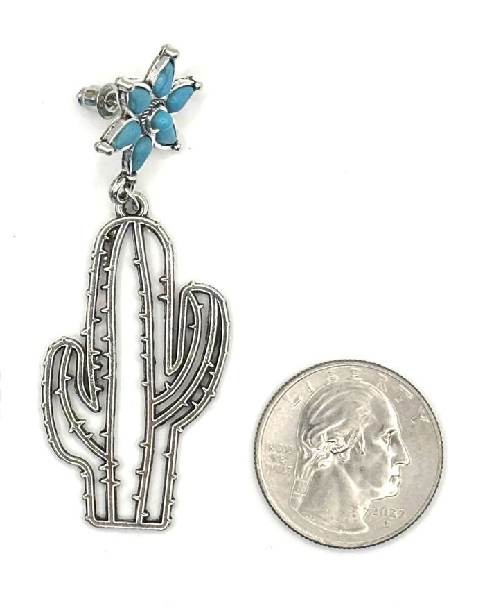 2 5/8″L Fun Southwestern Silver Cactus Outline Turquoise Beaded Flower Earrings