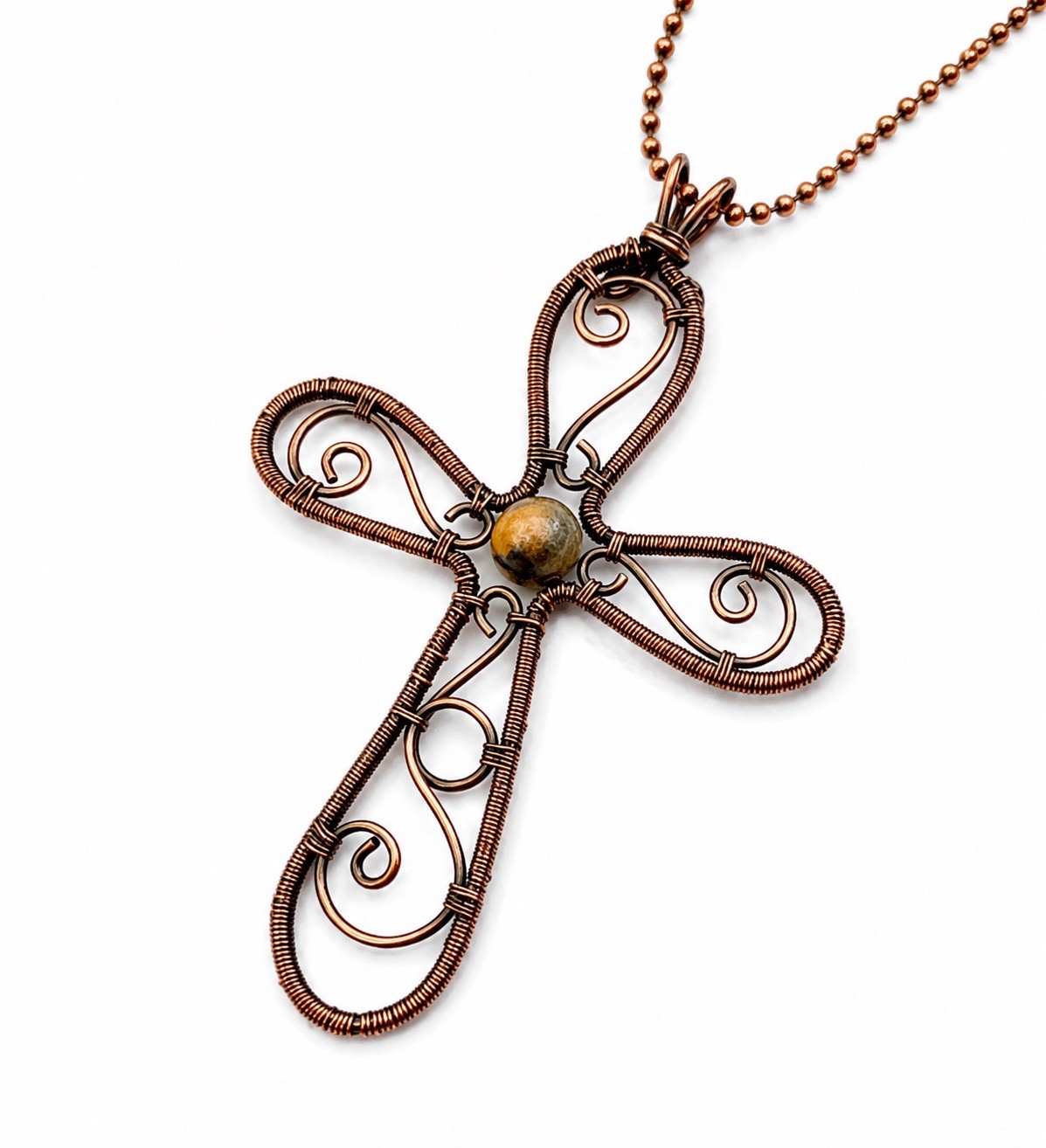Handmade Copper Wire Wrapped Cross Pendant Necklace w Jasper Bead Artisan Boho
