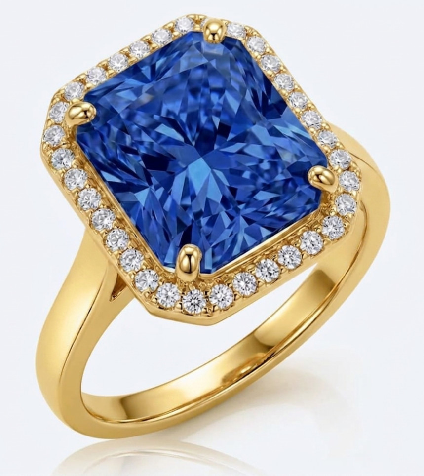 8.00 Ct Certified Radiant Cut Blue Natural Diamond Ring VVS1 Yellow Gold Finish
