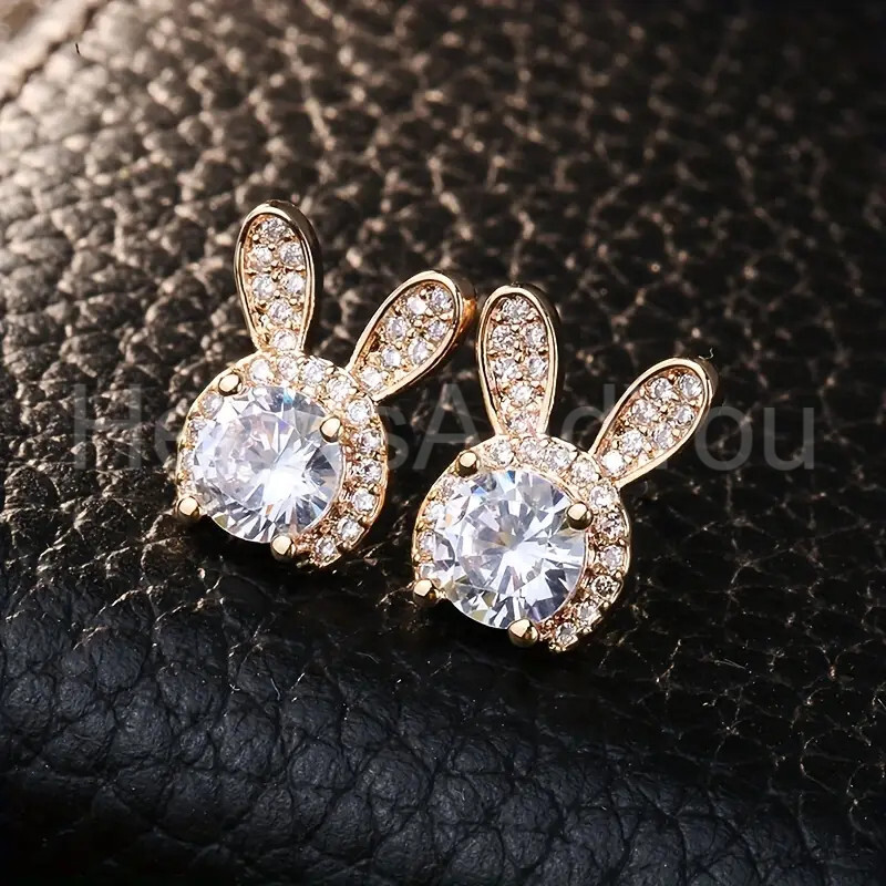 1ct Round Cut Moissanite Bunny Cat Halo Stud Earrings 14K Yellow Gold Plated