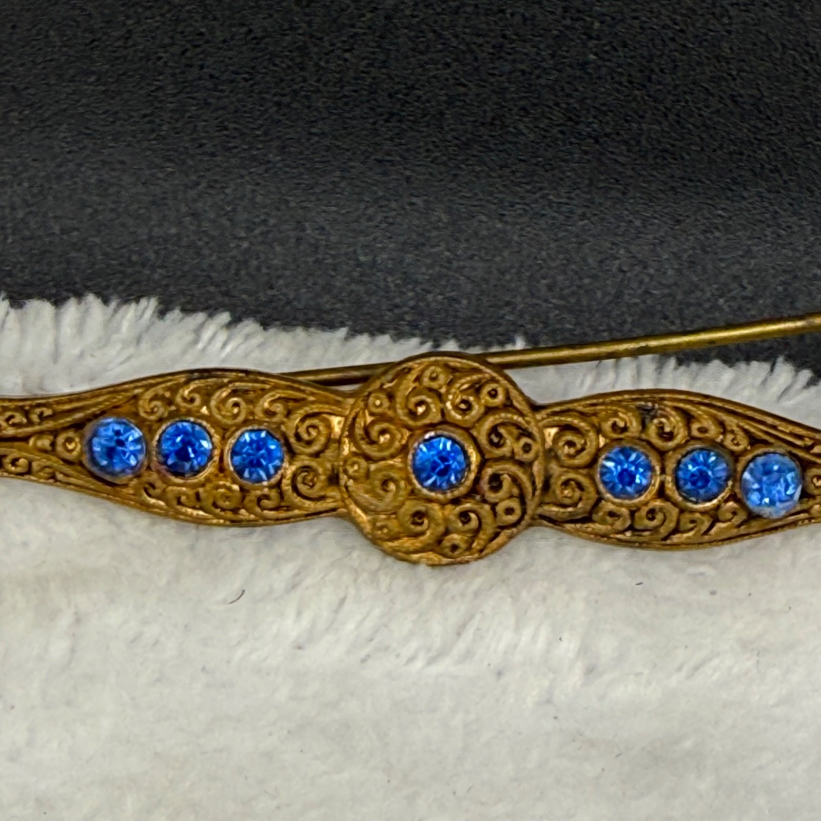 Vintage Art Nouveau Bar Brooch Blue Rhinestone Gold Tone