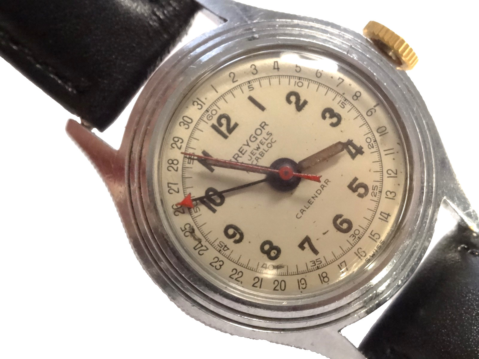 1950s Greygor Calendar 30mm 17J FHF28 Arrow Date Pointer Watch Stepped Case Runs