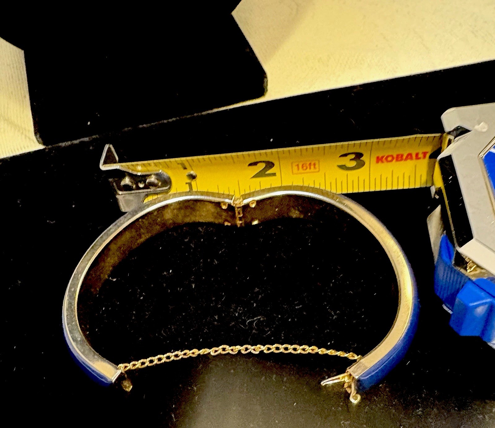 Vintage Napier Hinged Cuff Bracelet With Safety Chain Blue Gold Tone Not Signed
