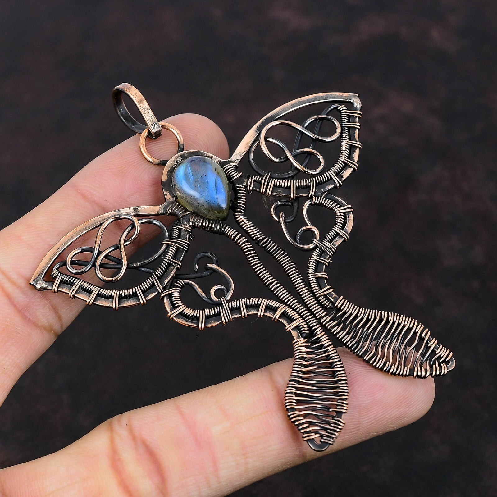 Gift For Her Copper Labradorite Jewelry Wire Wrapped Butterfly Pendant 3.35″