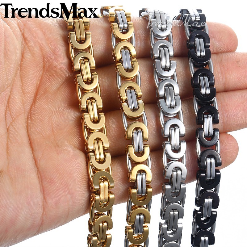 Black/Silver/Gold Plated Stainless Steel Flat Byzantine Chain Bracelet Mens Link