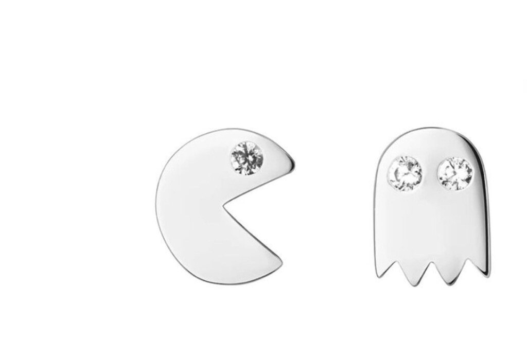 NEW Unisex Mismatch 14k Gold Accent Diamond PAC-Man and Ghost Stud Earrings