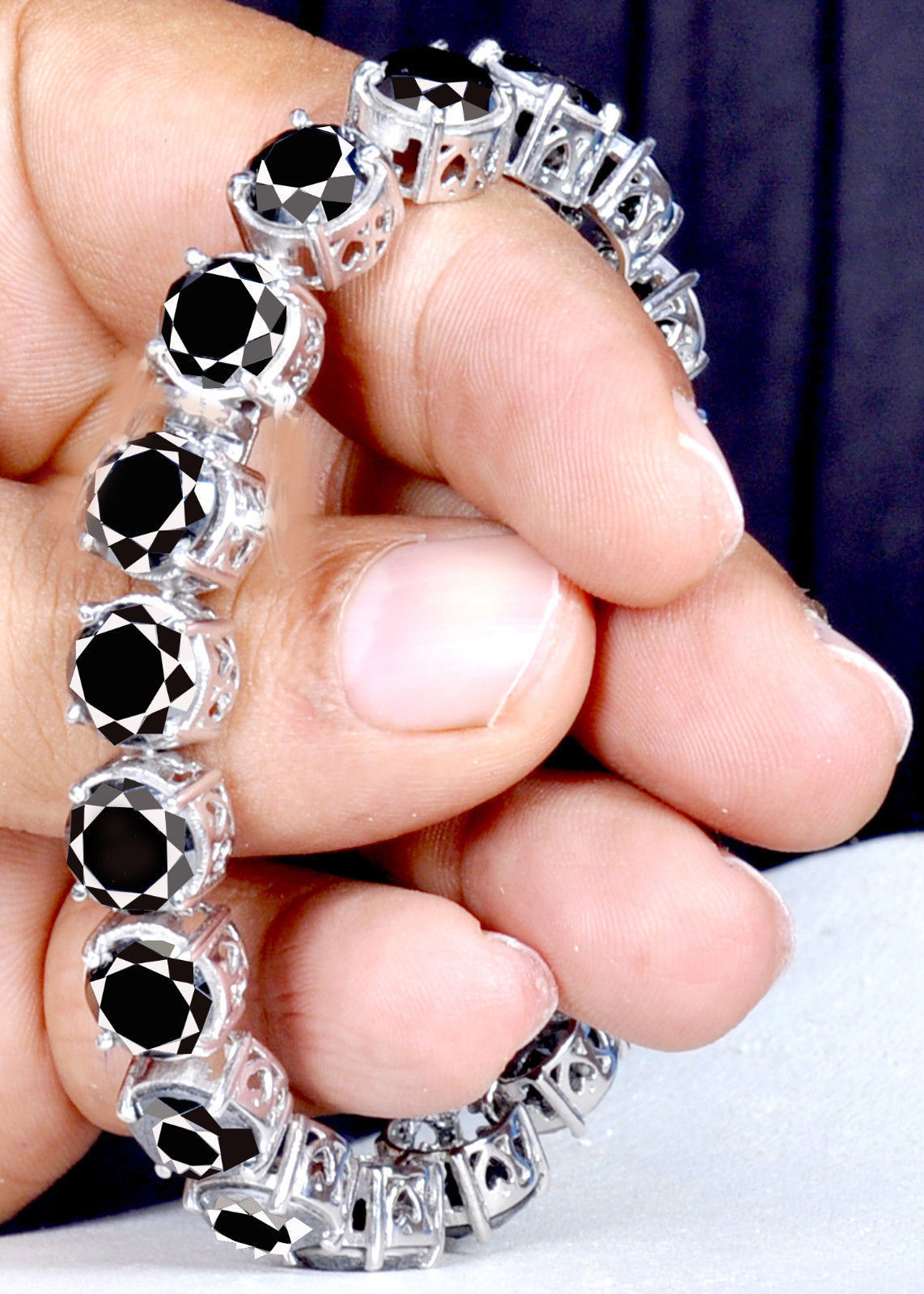 45+Ct Black Color Moissanite & Raw White Natural Diamond 925 Silver Bracelet 8″