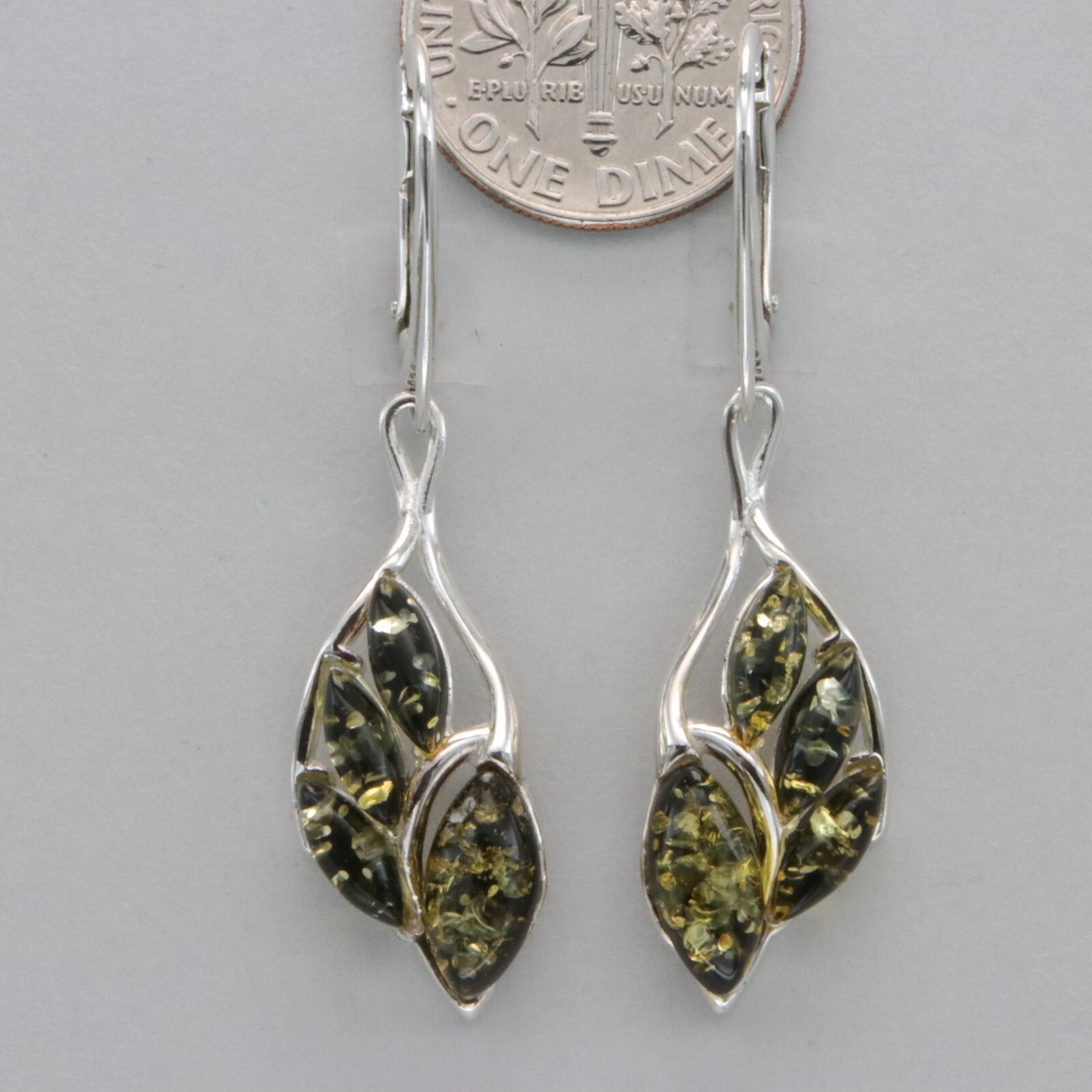 Green BALTIC AMBER Dangle Leveback Earrings 925 STERLING SILVER Poland #3629