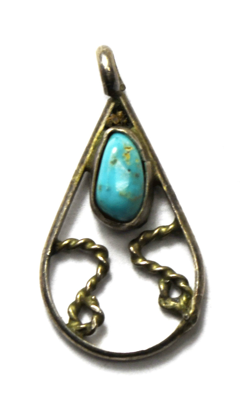 Sterling Silver Signed AD Turquoise Teardrop Wire Pendant 30mm x 15mm