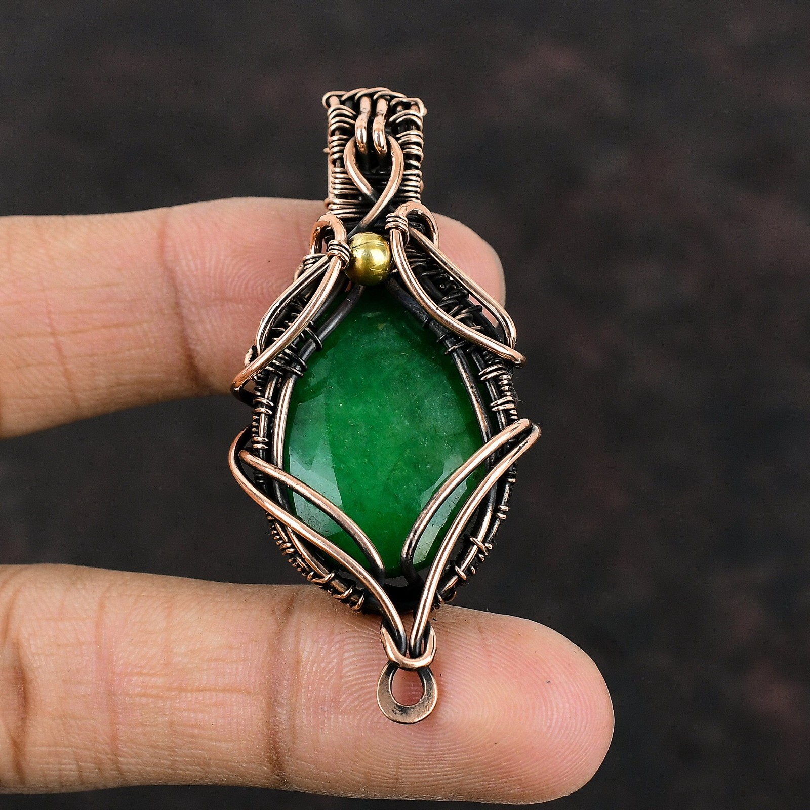 Gift For Her Copper Zambian Emrald Gemstone Jewelry Wire Wrapped Pendant 2.76″