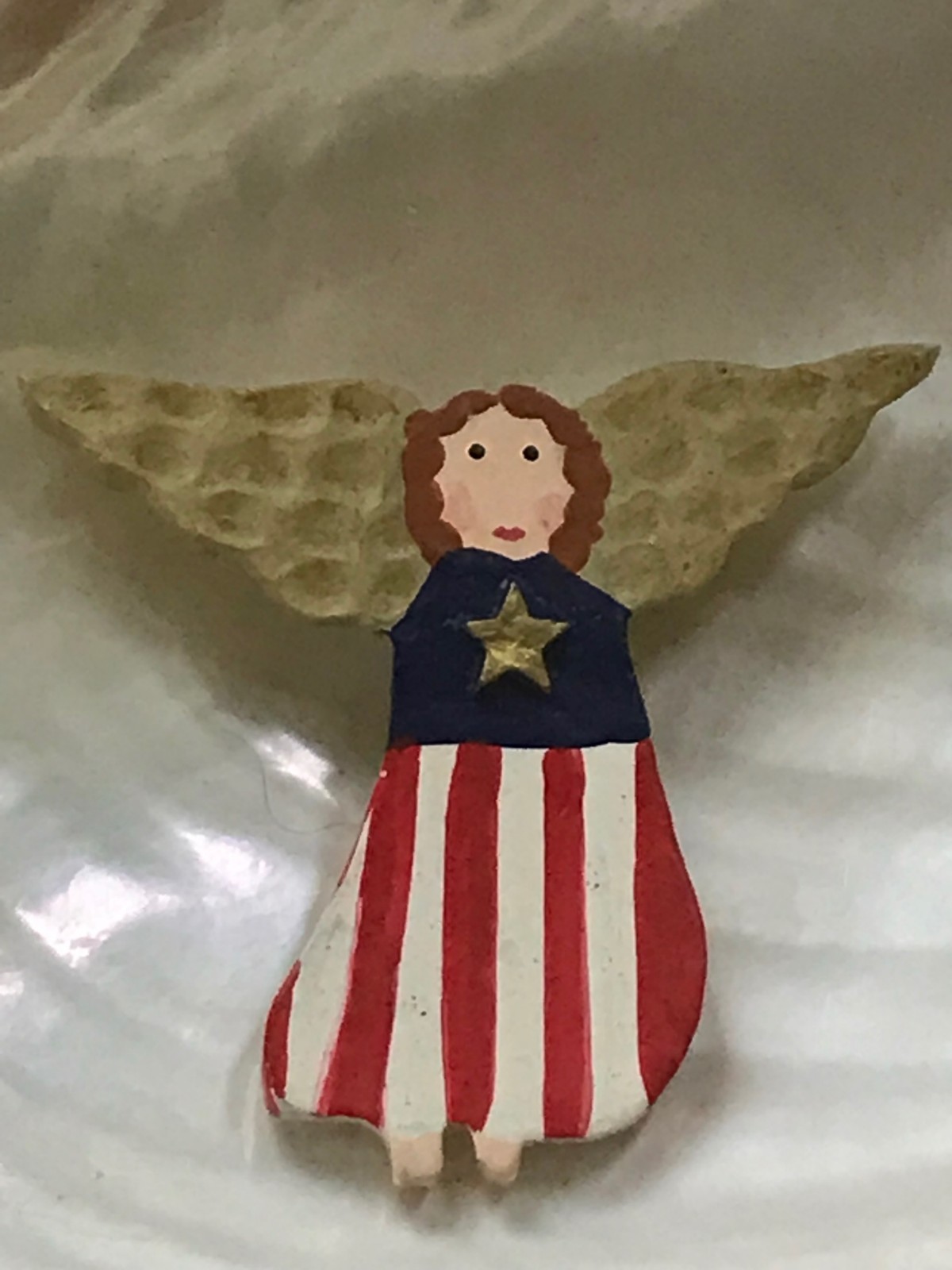 Estate Painted Wood or Resin Red White & Blue Patriotic ANGEL Holiday Pin Brooch