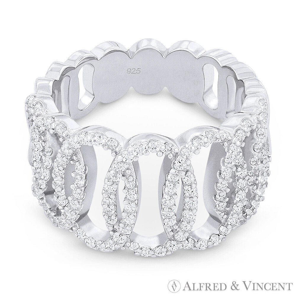 Right-Hand CZ Crystal .925 Sterling Silver w/ Rhodium Multi Open-Oval Wide Ring