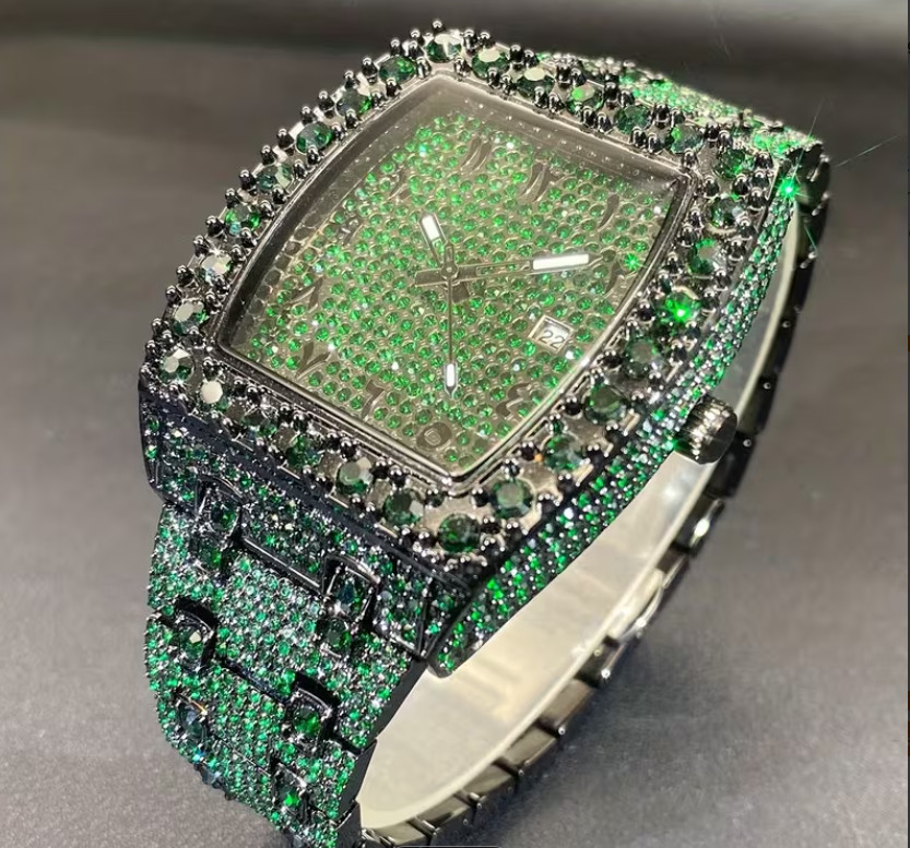 Luxurious Hip-Hop Green Rhinestone Watch | Unisex Square Diamond Watch