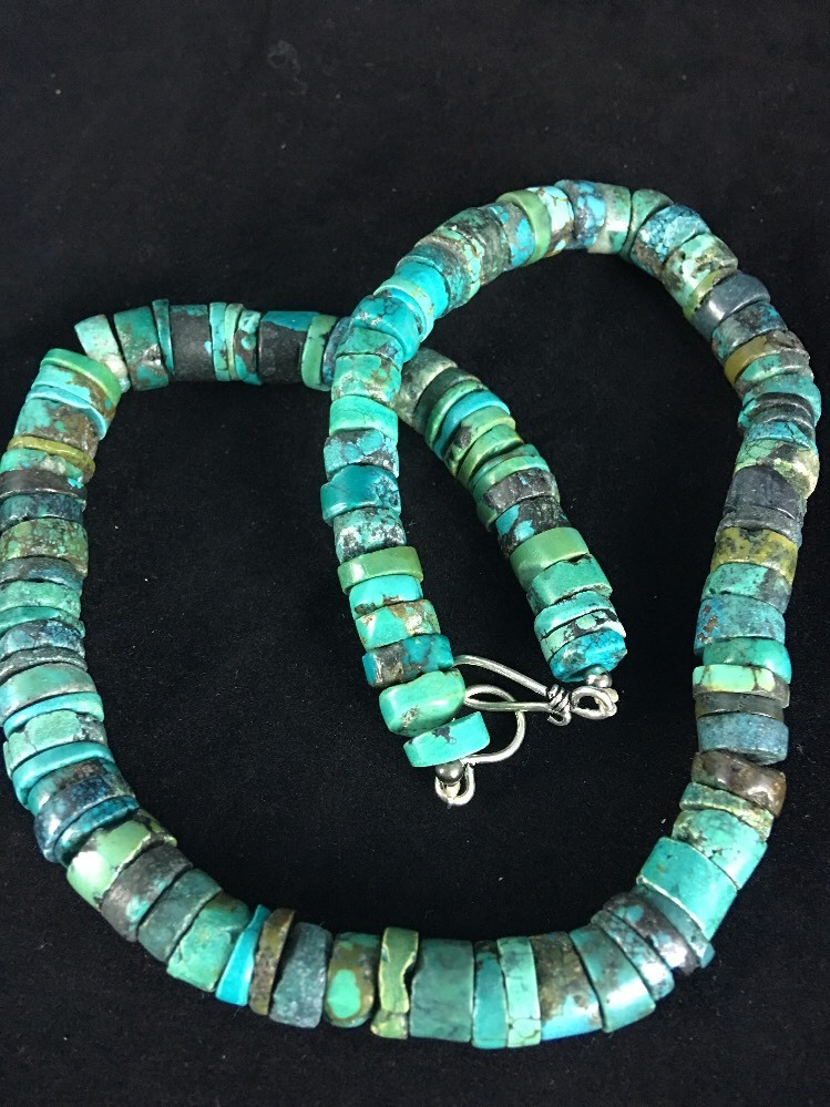 Blue Turquoise Bead 8mm Heishi Navajo Sterling Silver Necklace 20” 1135