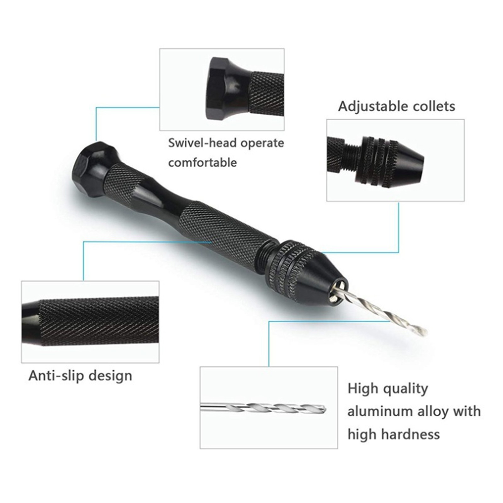 Pin Vise Hand Drill Mini Twist Drill 0.3-3.4mm Clamping (Black)