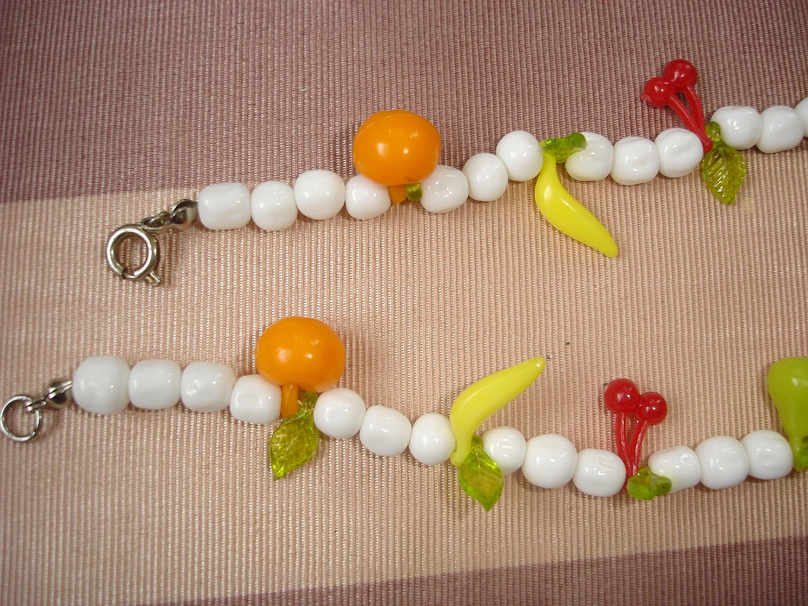 Vintage Plastic FRUIT White Glass Bead Necklace-Apple Banana Orange Pear Cherry