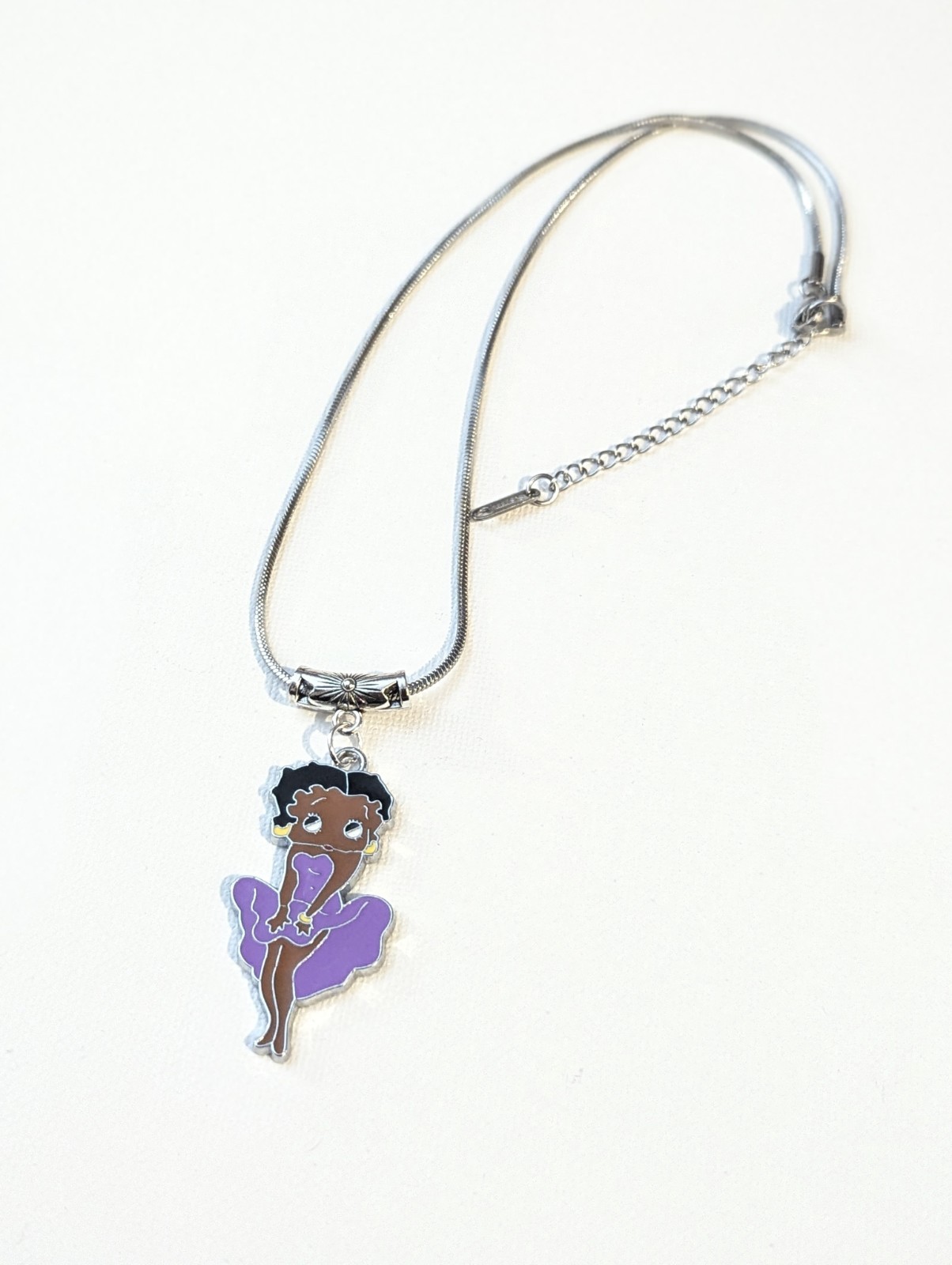 Stainless Steel Snake Chain Necklace Cartoon Girl Charm Pendant Purple Dress