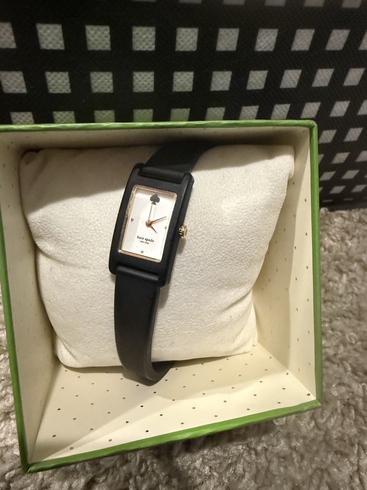 kate spade new york Metro Women’s Rectangular Quartz White Dial Black Strap Box