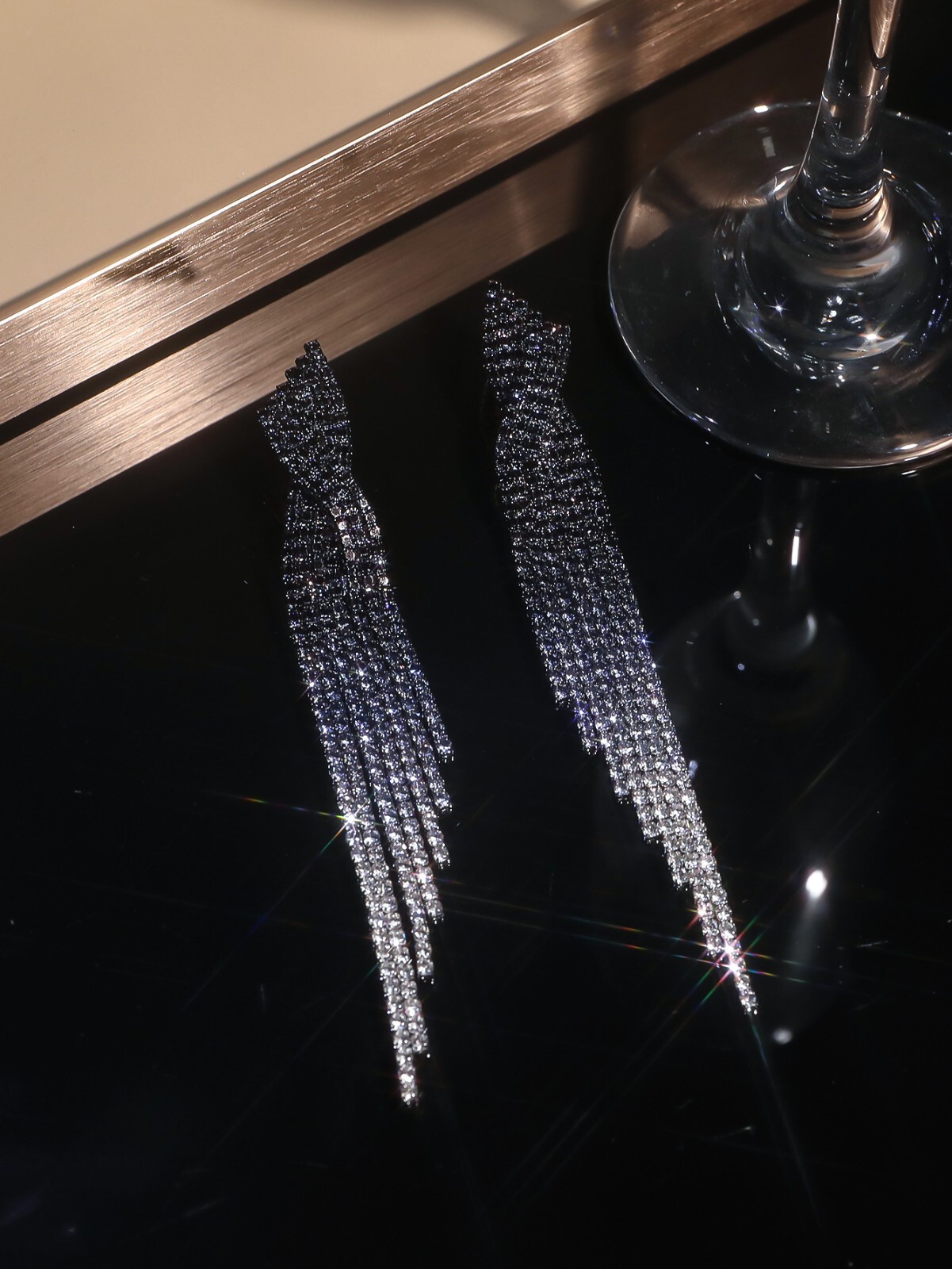 Black and White Cascading Rhinestone Earrings Long Gradient Silver Tassels