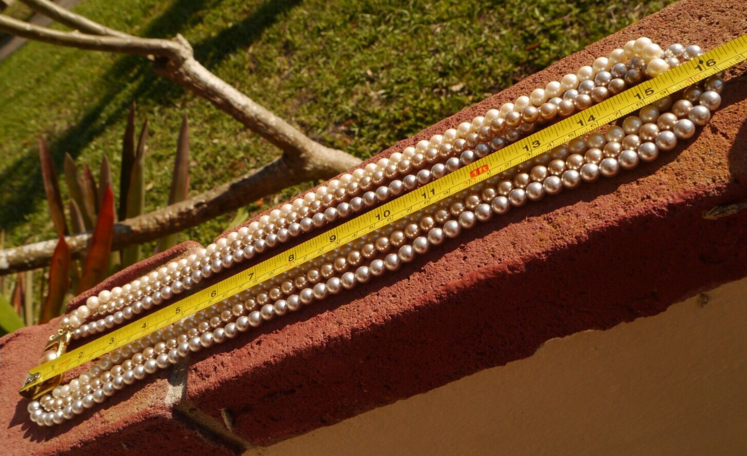 Monet Necklace Faux Pearl Gray Cream Champagne Triple Strand Ornate Box Clasp