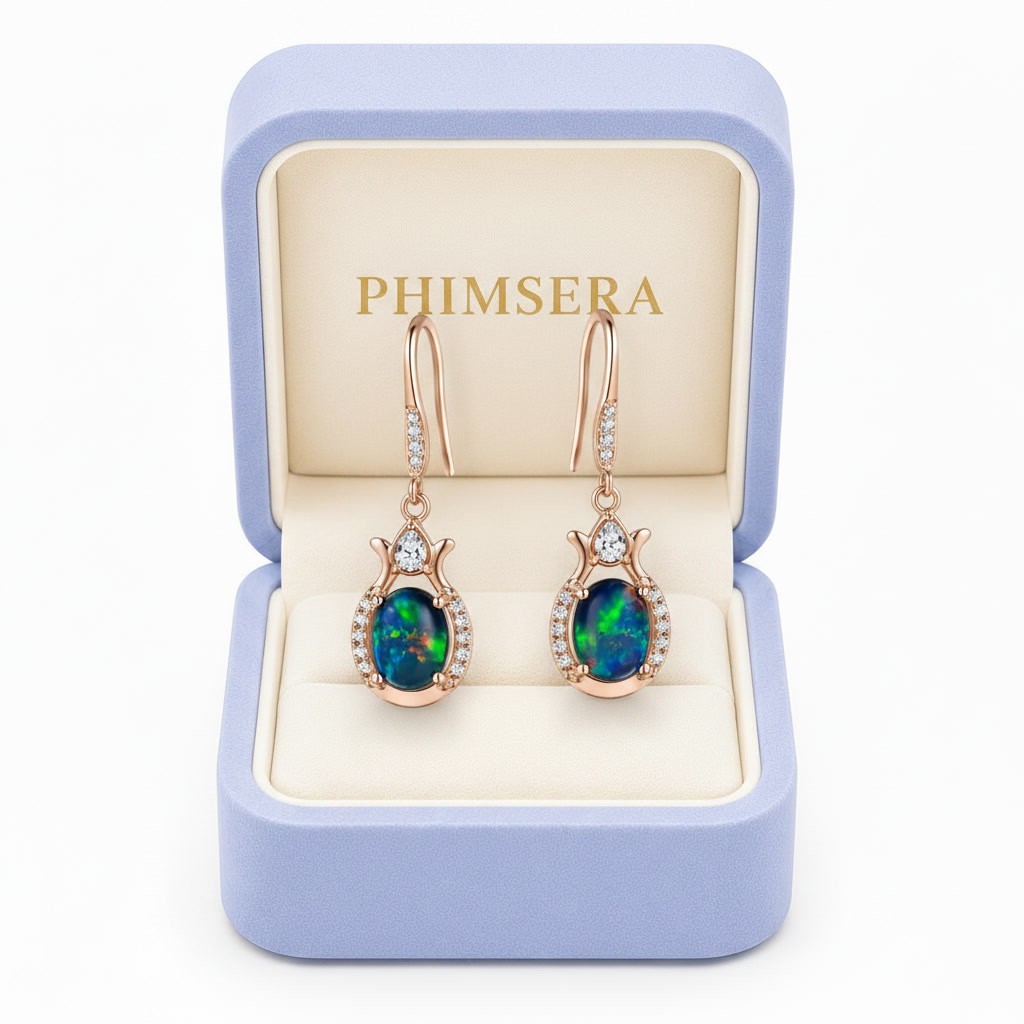Black Fire Opal Dangle Earrings 6x8mm, 925 Sterling Silver Black Opal Earrings