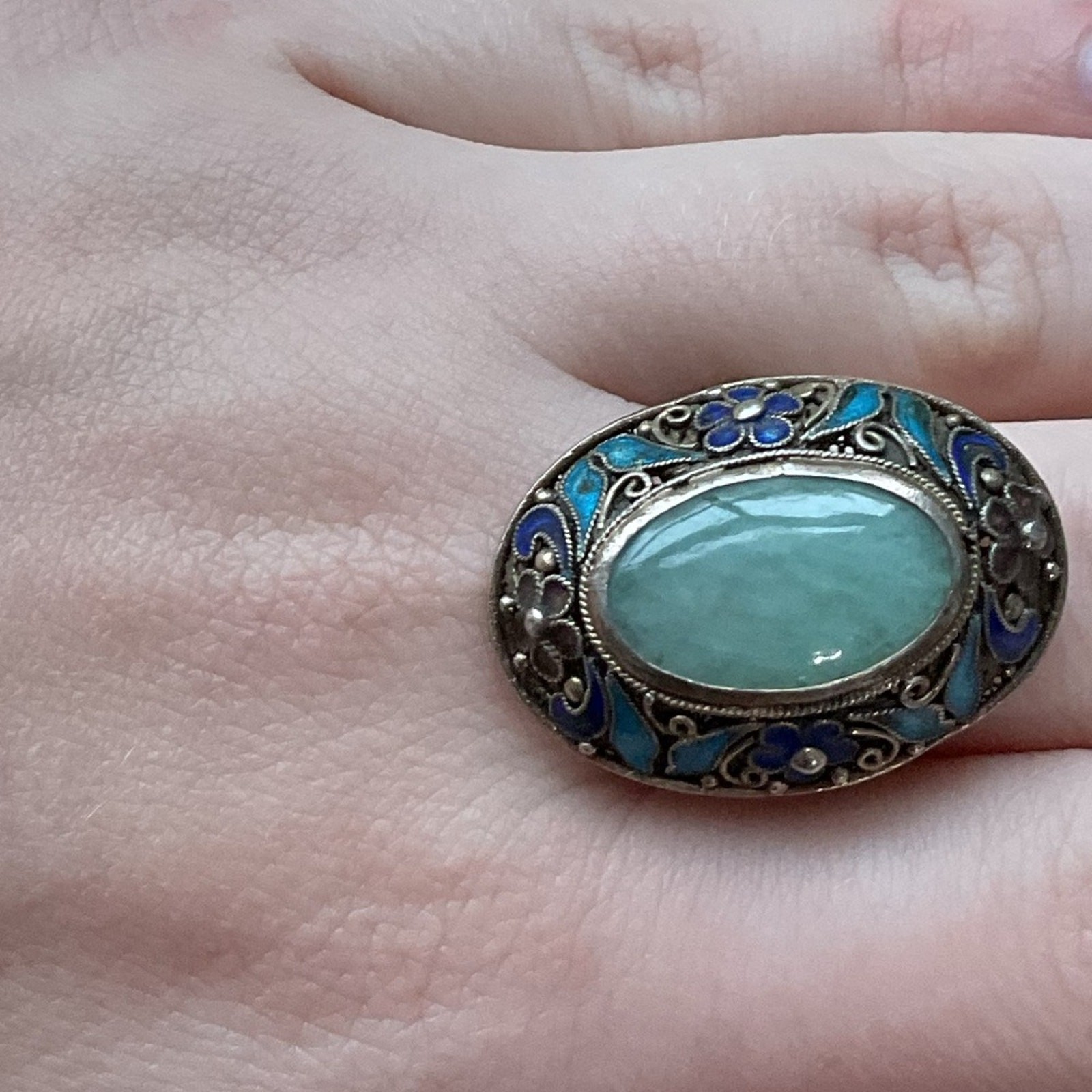 Vintage Chinese Export Jade Enamel Floral Adjustable Ring