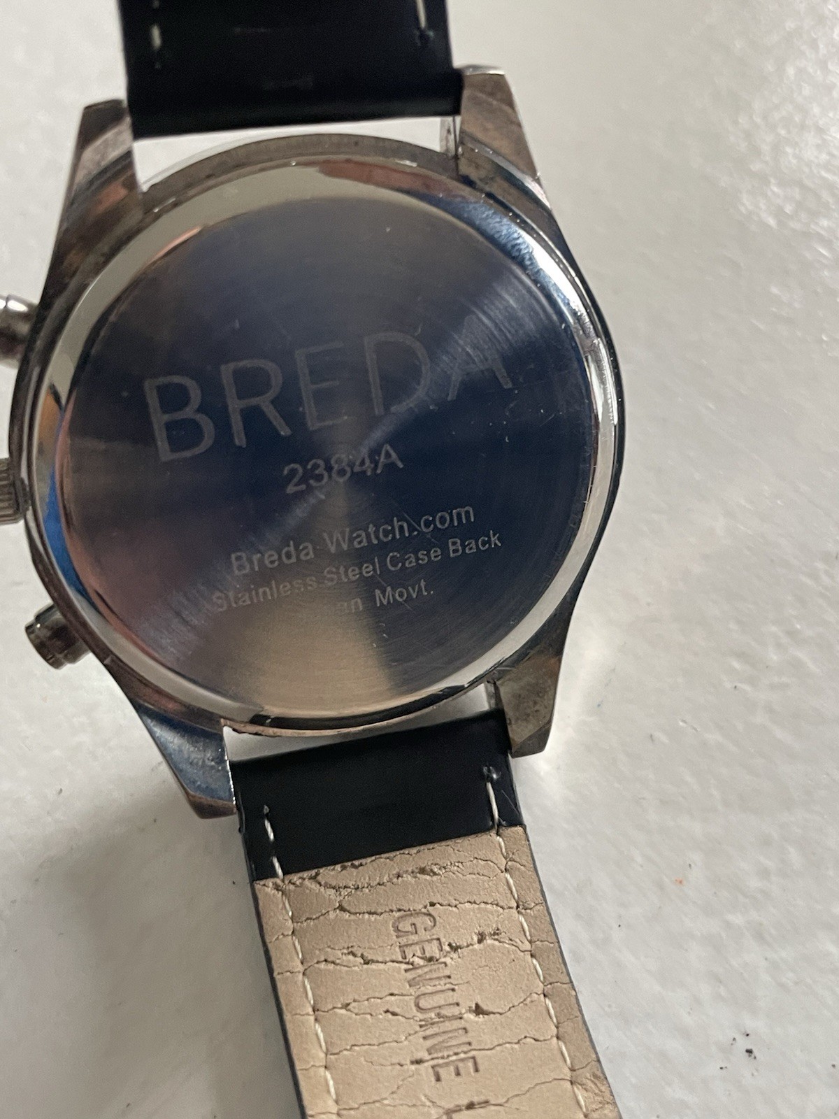 BREDA 2384A Watch Men White Dial Silver Tone Black Leather BATTERY NEEDED