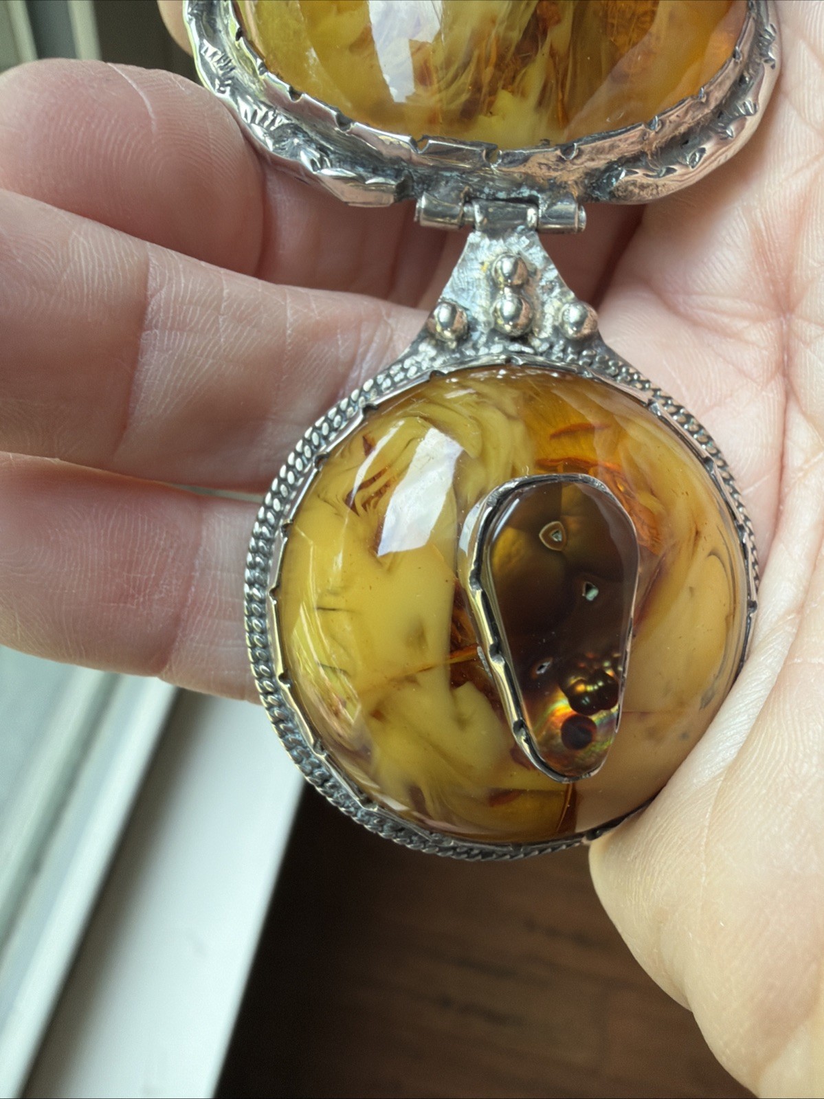 Vintage Native American Sterling Amber & Turquoise Pendant Beautiful Unique RARE