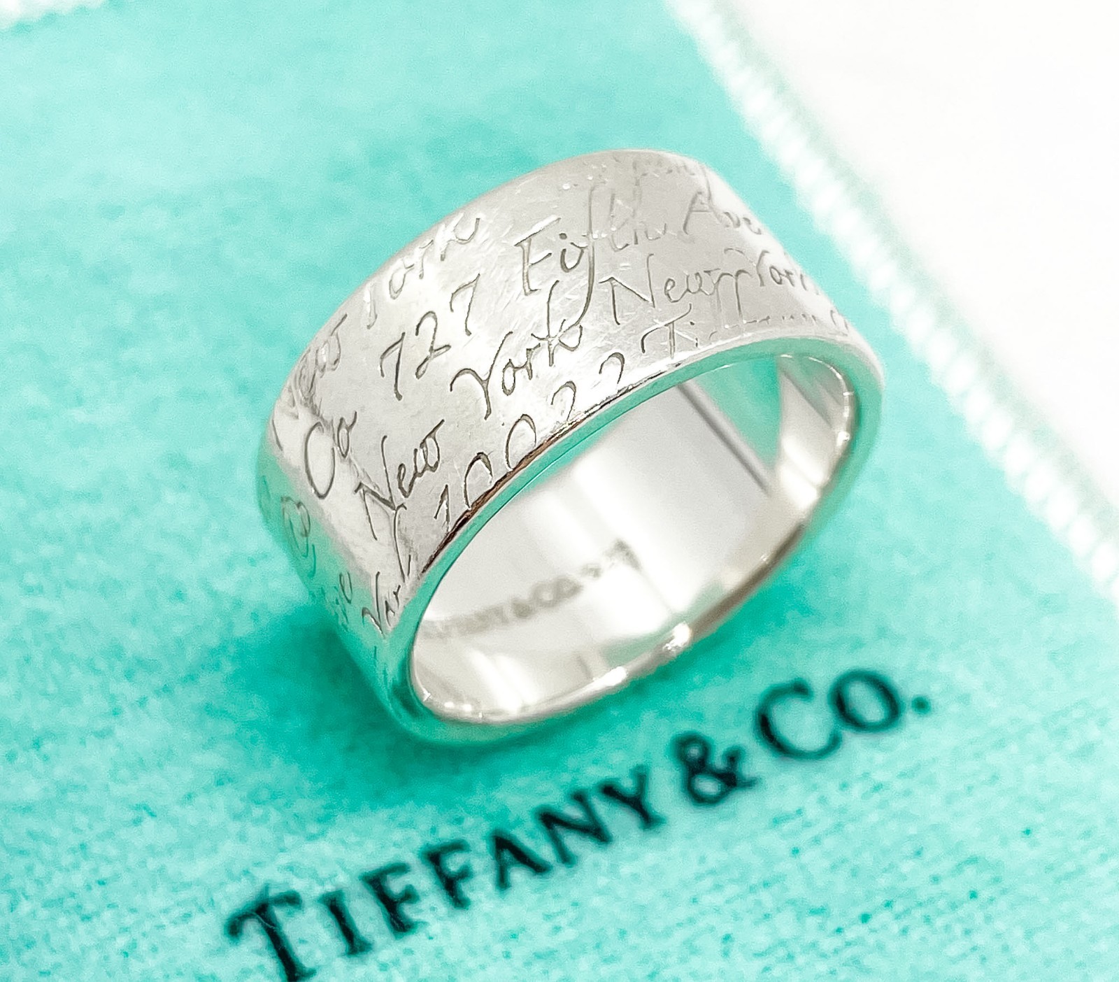 Tiffany & Co. Notes Script Fifth Avenue New York Wide Band Ring Silver Size 8.75
