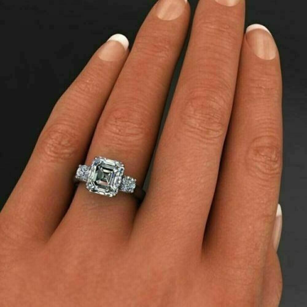 3 Stone 3.00 Ct Radiant Cut Off White Treated Diamond Ring 925 Sterling Silver