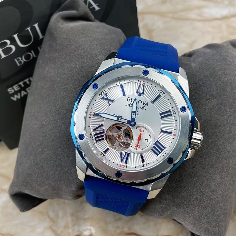 Bulova Marine Star Blue/WhiteDial Red Silicone Men’s Automatic 98A225 Watch 45mm