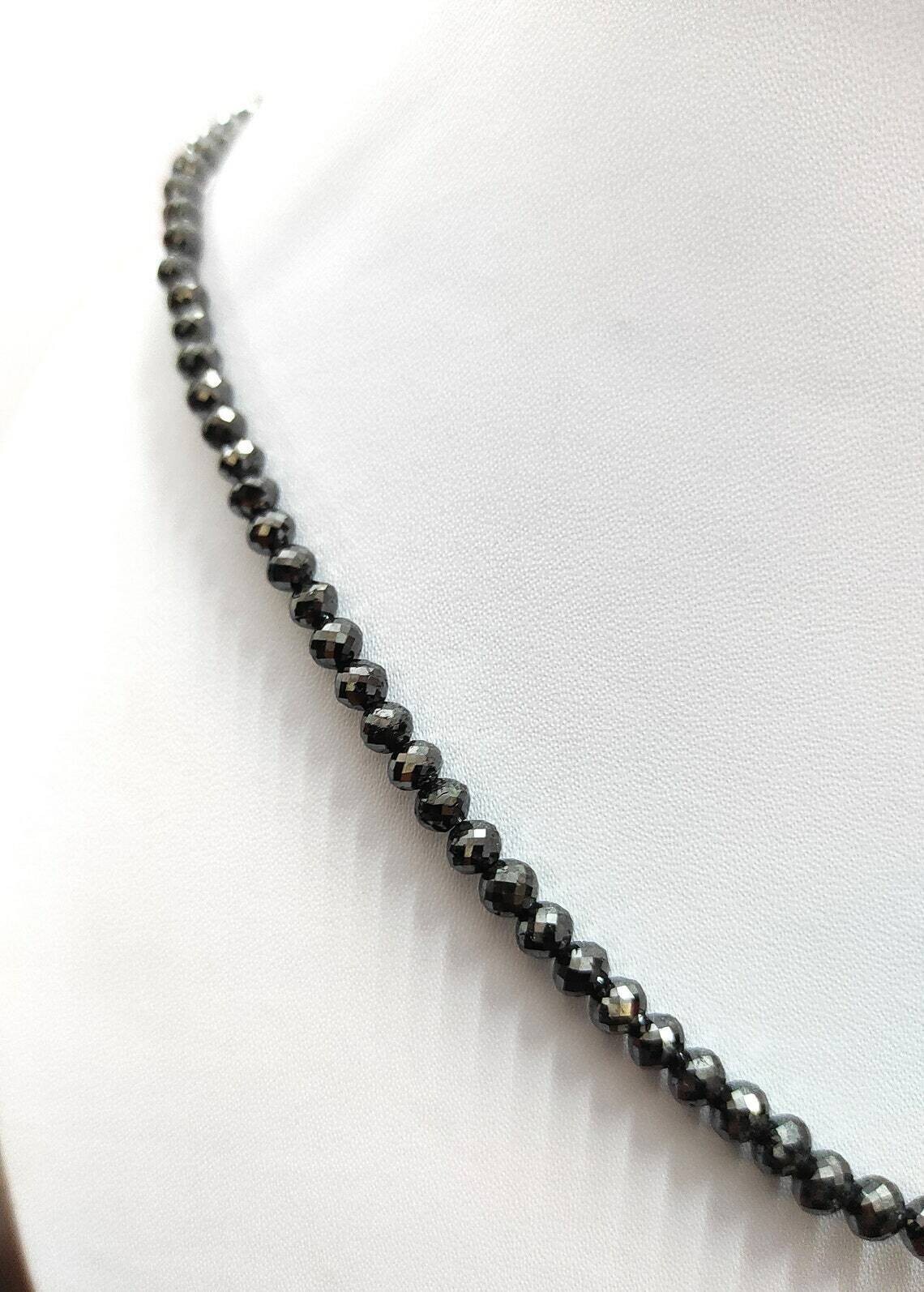 4 mm Black Diamond Beads Single row Silver Necklace AAA Quality 28 Inch