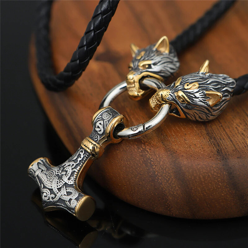 Men Viking Stainless Steel Wolf Thor Hammer Pendant Necklace Norse Mjolnir Odin