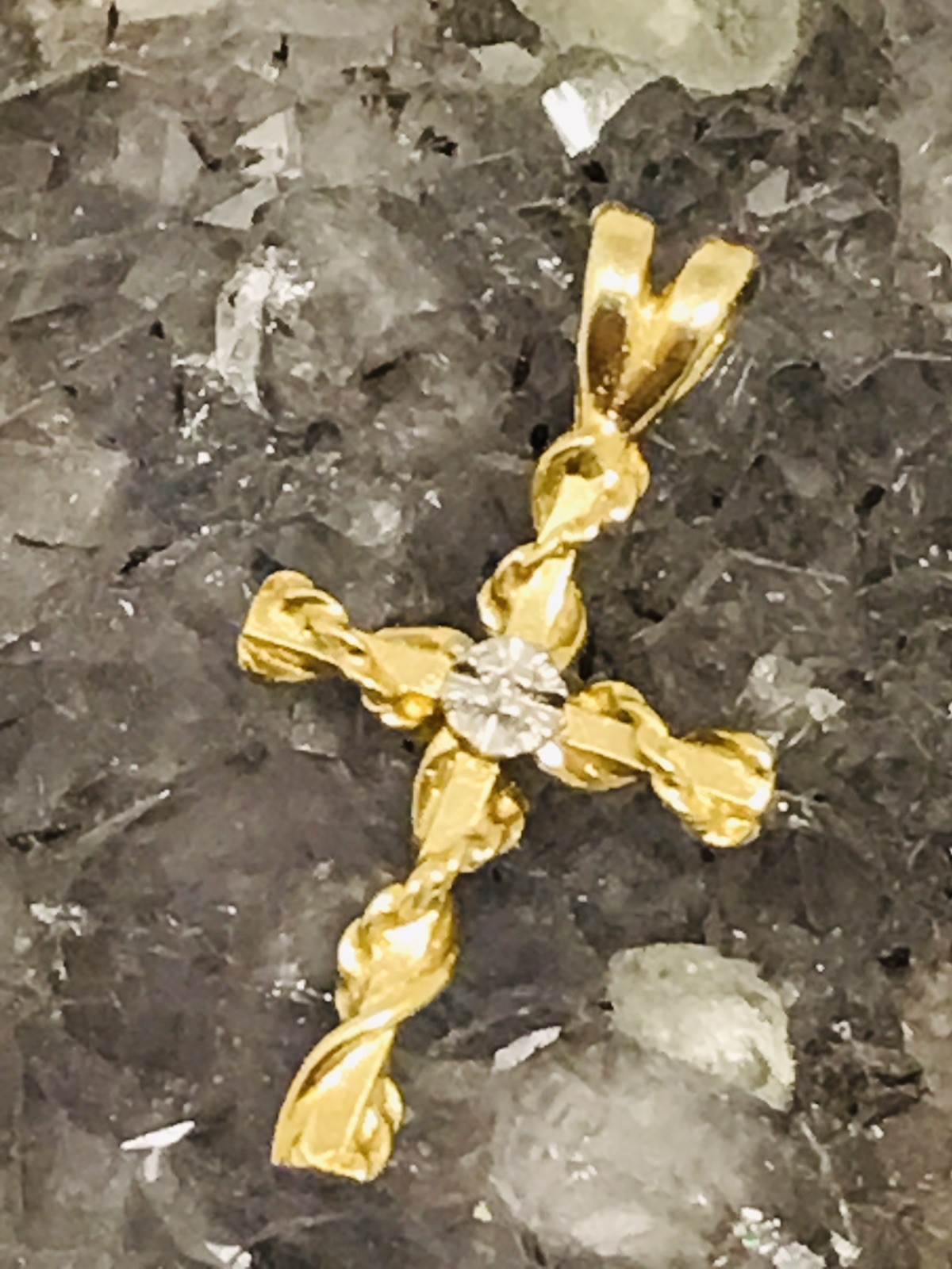 14K Yellow Gold Cross Pendant And White Gold Accent Diamond Chip Accented Center