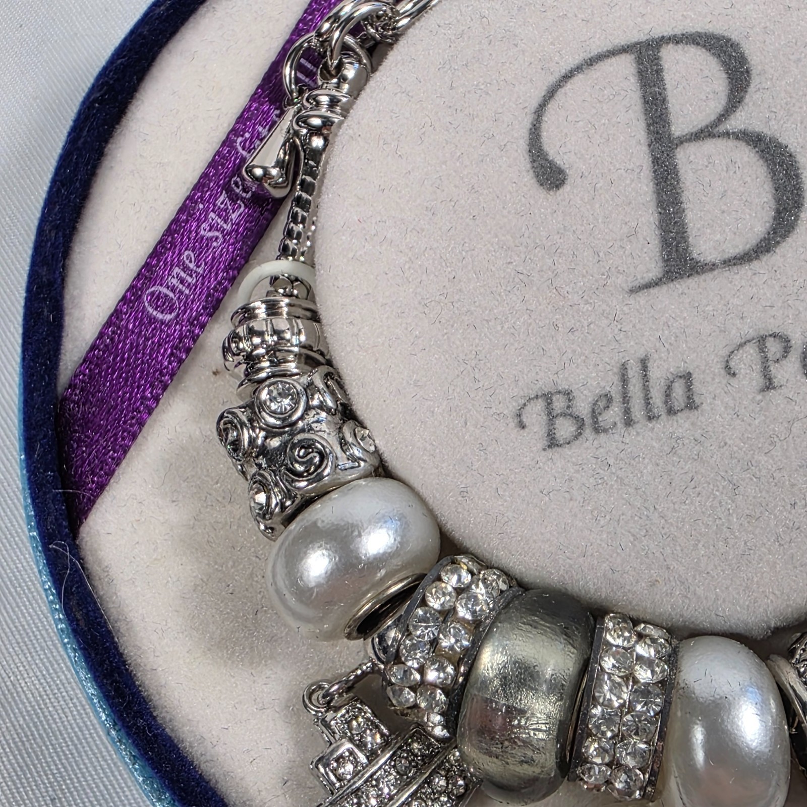 Bella Perlina Silver-Tone Charm Bracelet White Pearl Beads Crystal Accents NEW