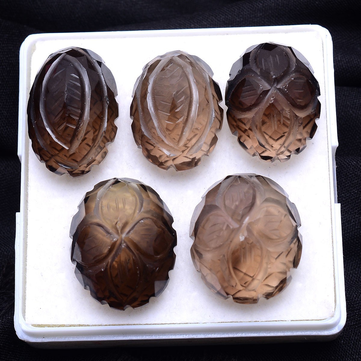 5 Pcs Natural Smoky Quartz 19mm-21mm Oval Mughal Hand Carving Loose Gemstones